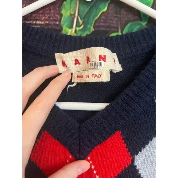 $675 Marni Sweater Vest Mens IT 42 US XS Argyle Plaid Virgin Wool Sleeveless - Picture 2 of 5